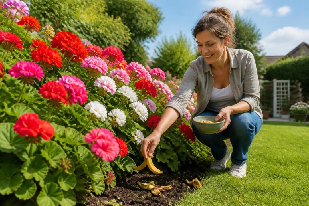 découvrez comment elle a transformé ses géraniums en une explosion florale spectaculaire en utilisant la peau de banane chaque jour.