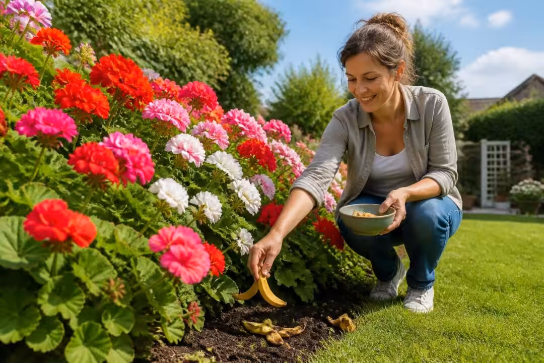 découvrez comment elle a transformé ses géraniums en une explosion florale spectaculaire en utilisant la peau de banane chaque jour.